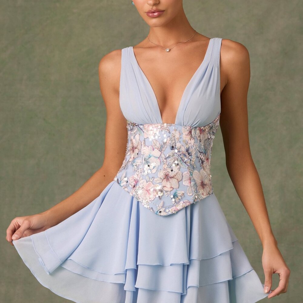 Oh Polly Embellished Ruffled Corset Mini Dress in Floral Blue 2
